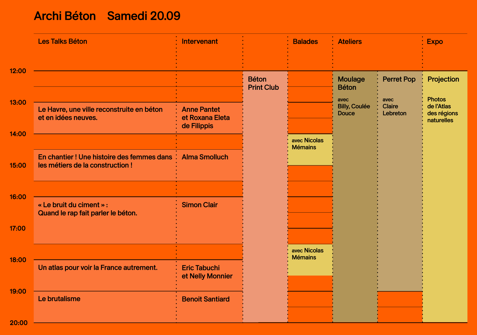Programme Archi Béton Samedi 20.09 - Planning détaillé des talks, balades, ateliers et expo
